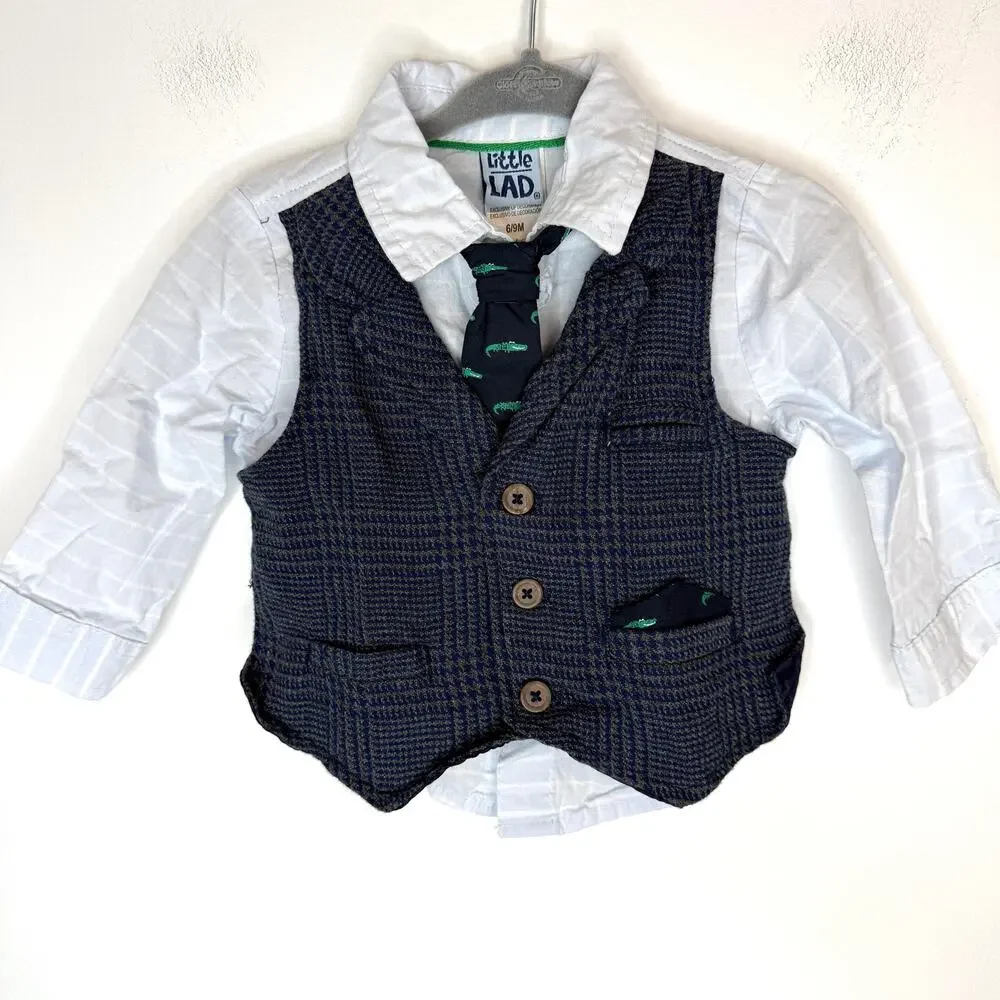 Little Lad Baby Boy Vest Tie Holiday Shirt In Navy Size 6-9 Months